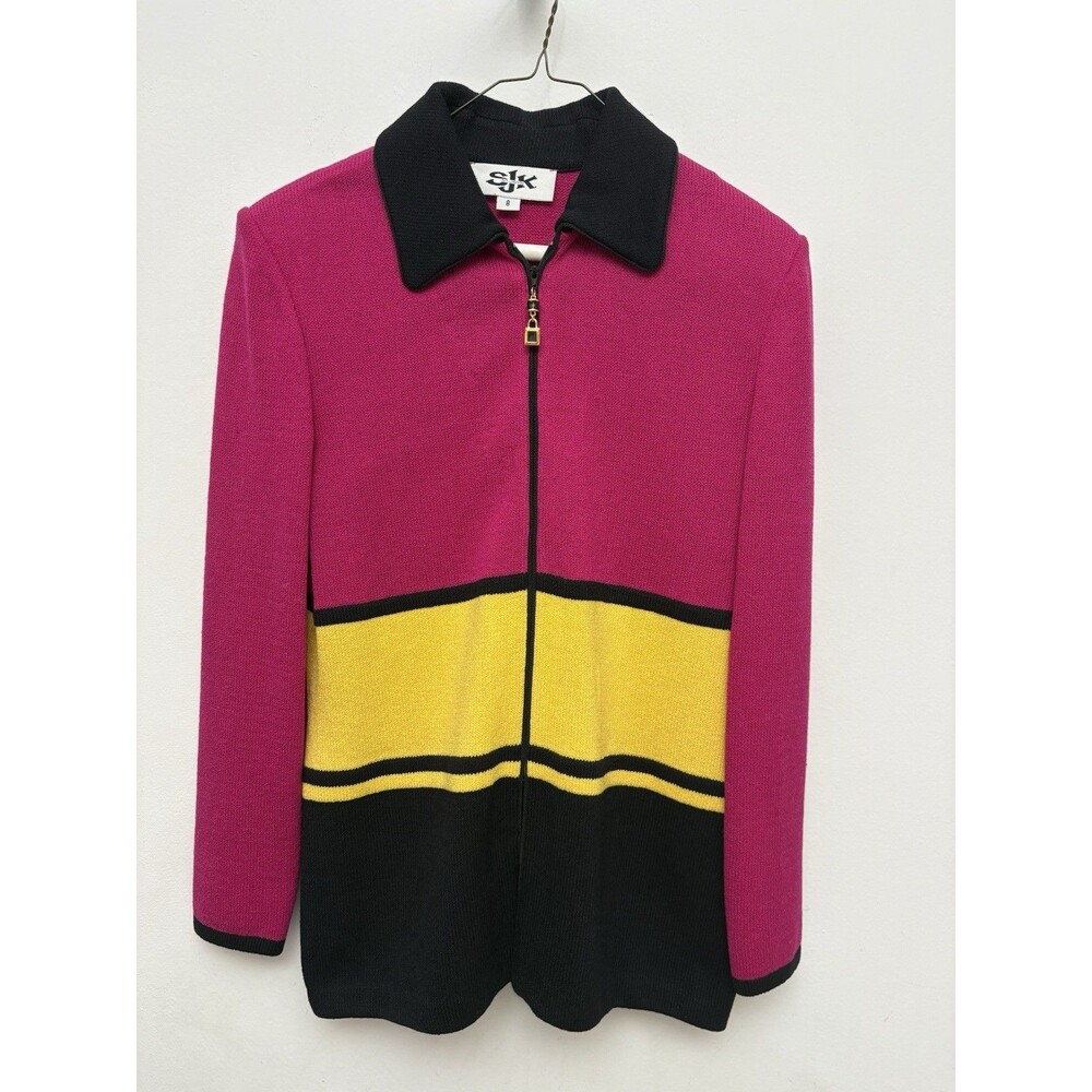 St‎ John Knit Cardigan Sweater, Fuisha Yellow Black Colorblock, Zip Up, Size 8